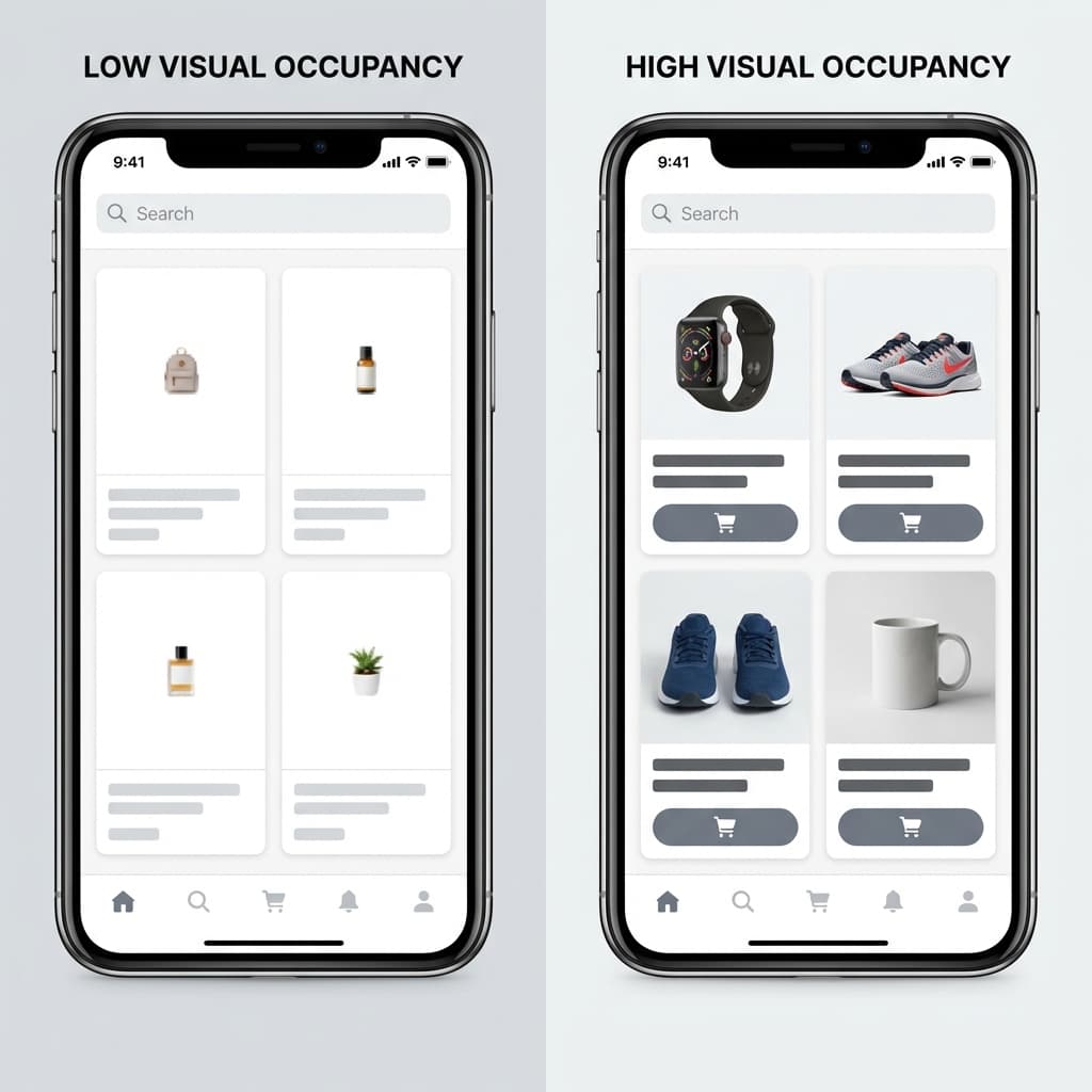 Mobile grid comparison between low-occupancy and high-occupancy product thumbnails