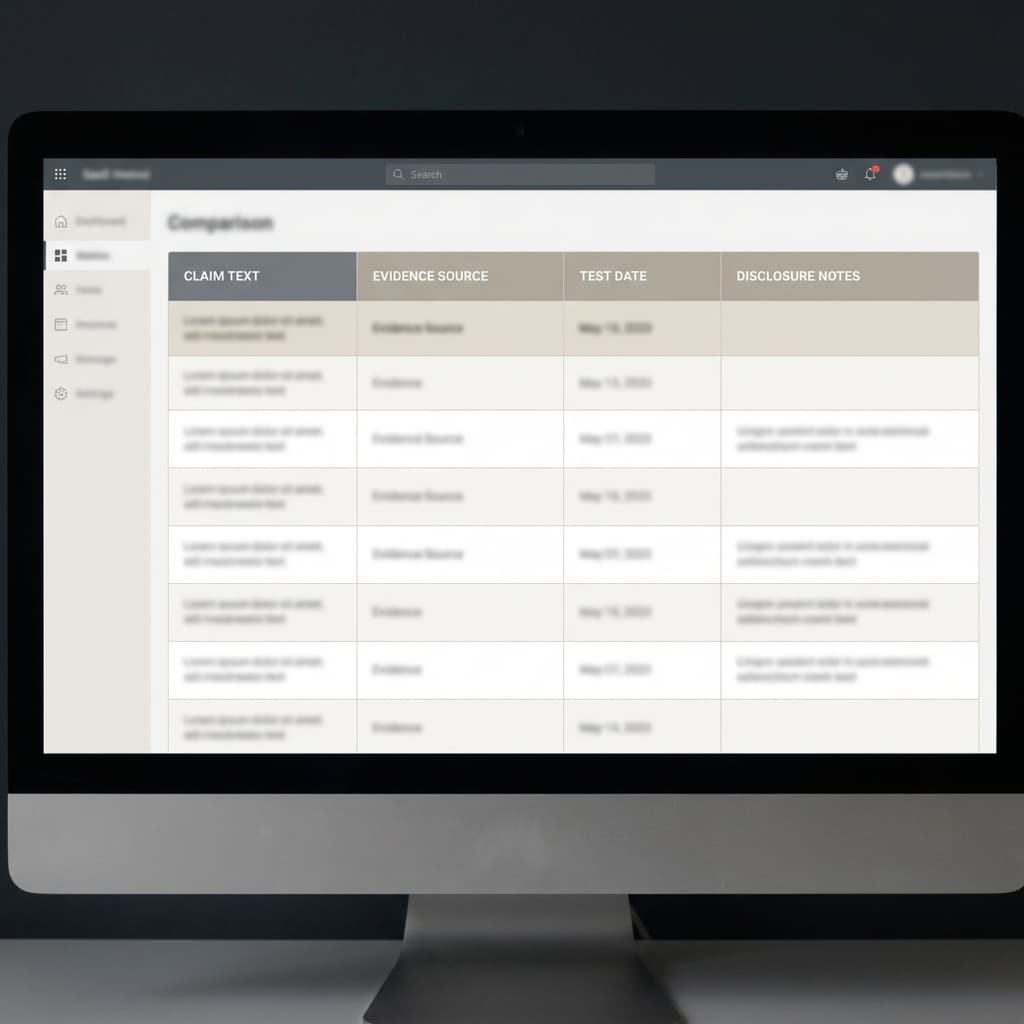 Structured claim proof matrix for comparison ad compliance