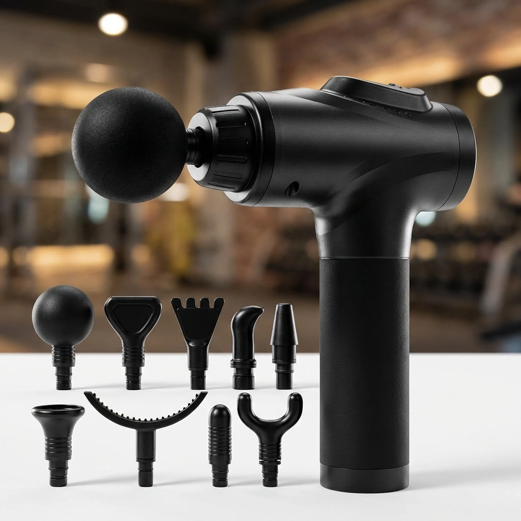 Studio quality AI generated hero shot of a massage gun