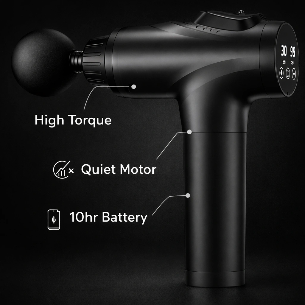E-commerce infographic for massage gun showing key features